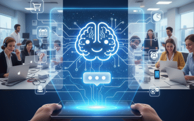 A person holding a tablet displaying a holographic AI brain chatbot interface, superimposed over a busy customer service call center.