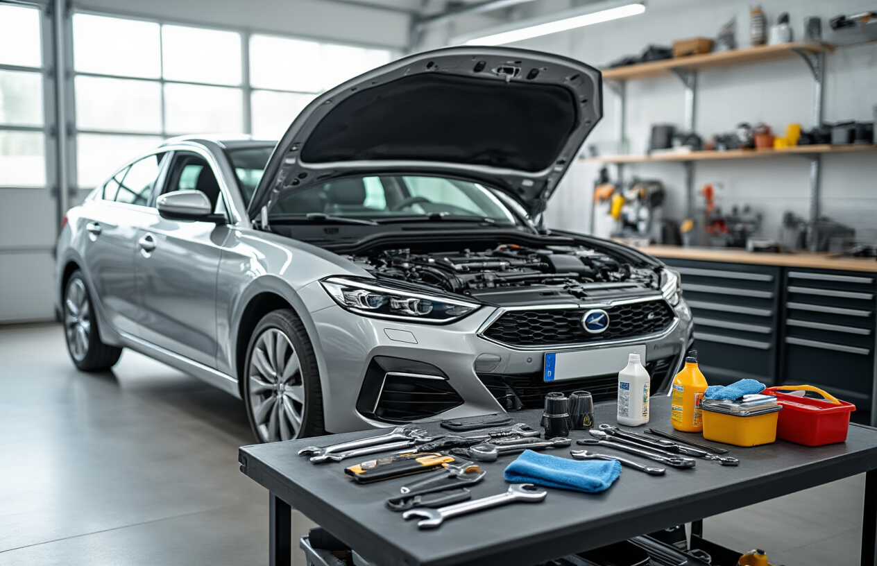 Create a realistic image of a well-maintained modern car with its hood open, showing a clean engine compartment, with various car maintenance tools and supplies like oil bottles, wrenches, and cleaning cloths neatly arranged on a workbench beside it, set in a bright, organized garage with natural lighting coming through windows, creating a sense of accomplishment and proper vehicle care, absolutely NO text should be in the scene.