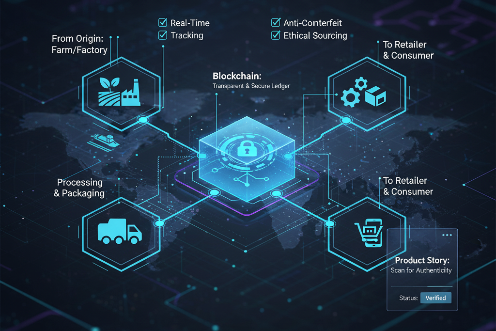 Abstract map diagram showing a blockchain-enabled product traceability system, with interconnected blocks representing secure data points tracing a product's journey through the global supply chain, from raw material to consumer.







