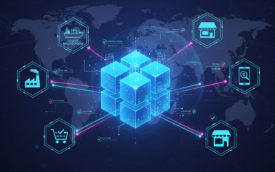 Futuristic diagram illustrating Blockchain in Supply Chain Transparency, with interconnected blocks representing a global logistics network, tracking manufacturing, shipping, retail, and consumer verification over a world map.