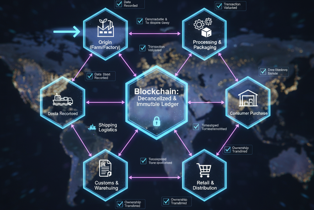 Diagram illustrating how blockchain works in supply chains, depicting a decentralized and immutable ledger securely tracking a product from origin (farm/factory) through shipping, customs, processing, retail, and consumer purchase