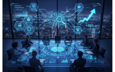 Business executive interacting with a futuristic holographic dashboard showing data-driven marketing insights, analytics, charts, and arrows pointing towards business growth in 2025.