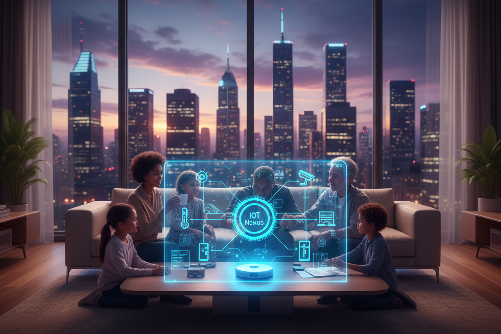 Family interacting with a holographic IoT Nexus interface on their coffee table, showcasing integrated smart home controls against a city skyline.