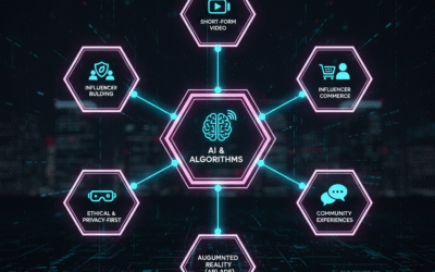 Diagram illustrating Social Media Marketing Trends for 2025, highlighting short-form video, influencer commerce, community experiences, AR ads, and ethical practices, centered around AI & Algorithms.