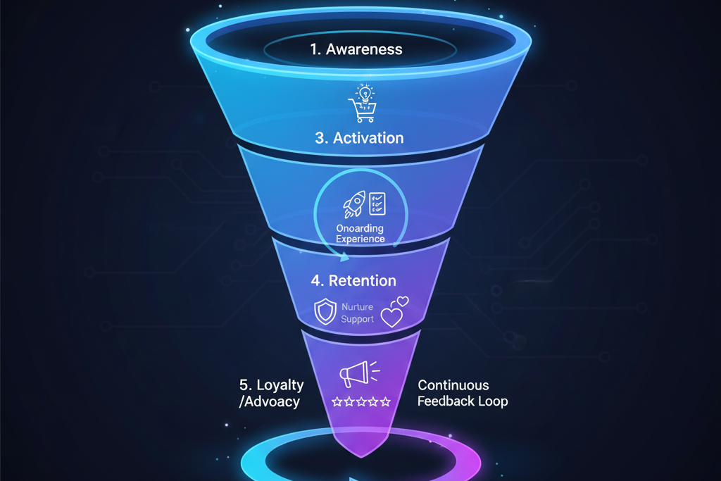 Diagram of a Customer Retention Funnel illustrating stages like onboarding, engagement, loyalty, advocacy, and a recurring revenue loop, showing efforts to keep existing customers.