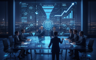 Abstract design showing an AI Brain connected to various digital growth channels (SEO, social, email, ads), symbolizing the use of AI for smarter campaign optimization and data analysis.
