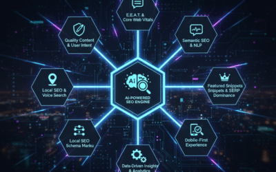 Diagram outlining SEO Best Practices in 2025, showing an AI-powered SEO engine at the center connecting to quality content, E-E-A-T, semantic SEO, local SEO, mobile-first experience, and data-driven insights