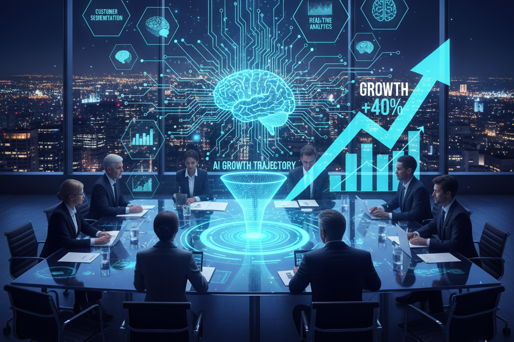 Business executives in a meeting room viewing a holographic AI dashboard displaying customer segmentation, real-time analytics, and a +40% growth trajectory, illustrating AI's role in digital campaigns.