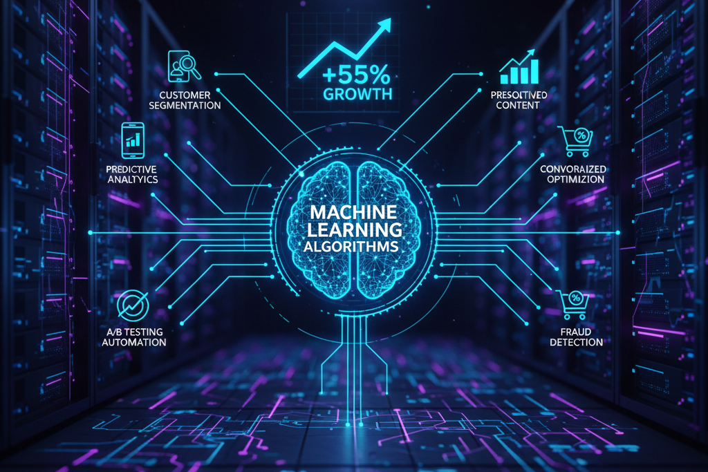 Diagram illustrating The Role of Machine Learning in Digital Growth, showing how ML algorithms drive customer segmentation, predictive analytics, personalized content, conversion optimization, and fraud detection, resulting in +55% growth