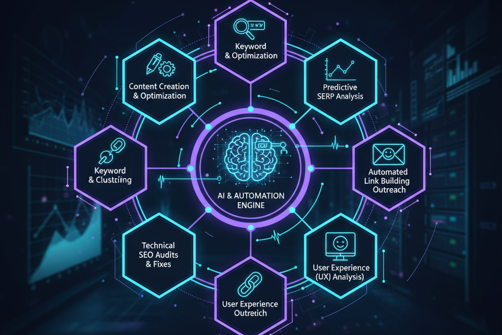 Diagram illustrating Integrating AI & Automation in SEO Best Practices, showing how an AI & Automation Engine supports keyword research, content optimization, technical SEO, predictive SERP analysis, and automated link building.