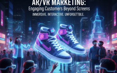 People in a vibrant city street wearing AR glasses, interacting with a holographic display of virtual sneakers