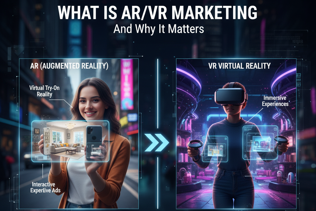 Woman using AR on phone, another in VR headset, explaining AR/VR marketing.