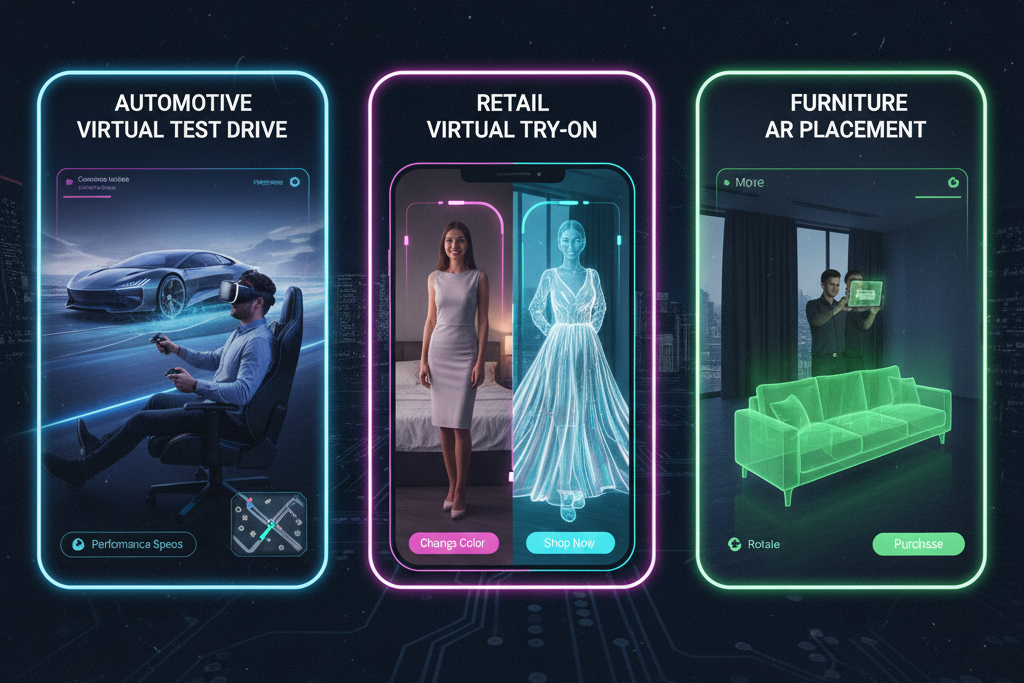 Triptych showing successful AR/VR marketing examples: car test drive, virtual fashion try-on, AR furniture placement