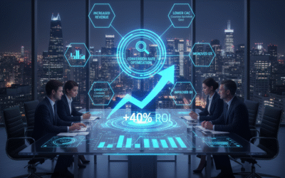 Abstract graph illustrating Conversion Rate Optimization (CRO) ROI, showing a low-traffic line (blue) intersecting with a high-conversion line (green) resulting in a sharp upward spike in revenue and business growth.