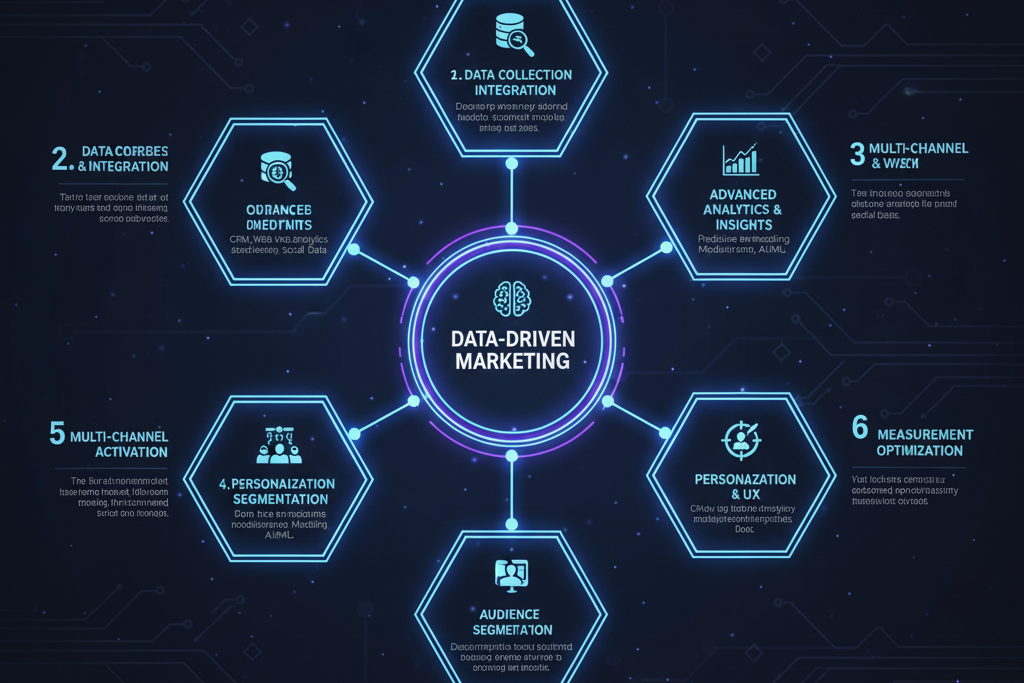 Diagram illustrating the Core Components of Data-Driven Marketing Strategies, including data collection, integration, advanced analytics, personalization, and multi-channel activation.