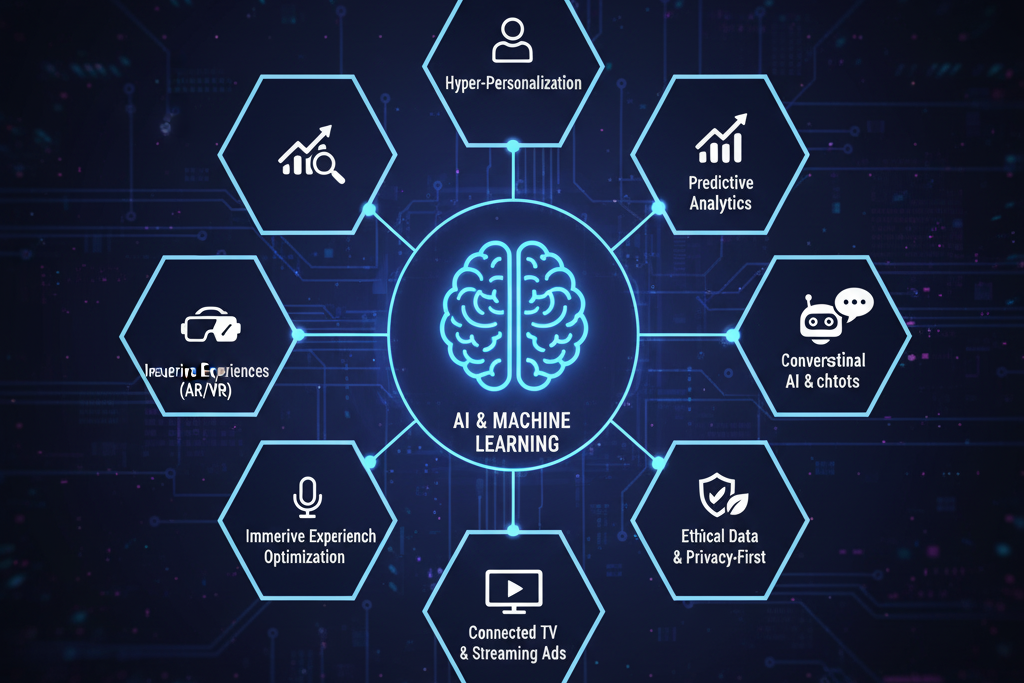 Diagram showcasing Emerging Trends in Data-Driven Marketing for 2025, including hyper-personalization, predictive analytics, AI chatbots, immersive experiences, and ethical data practices, centered around AI & Machine Learning.