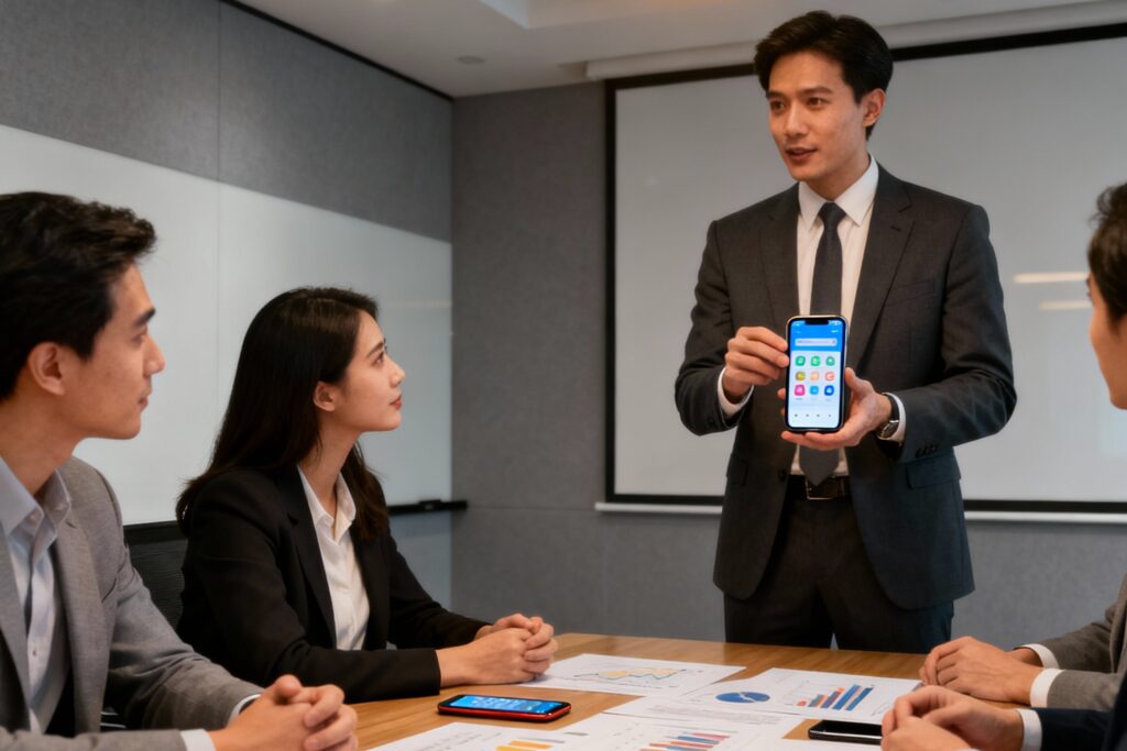 Professional designers presenting mobile app concepts to business clients in a conference room, discussing the importance of mobile application design.