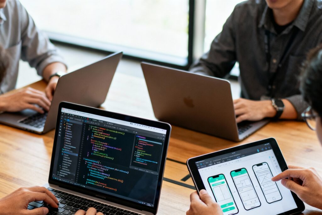 Web developers and mobile app designers collaborating around a table with laptops and tablets, working together on shared screens and code that connects mobile app design and web development.