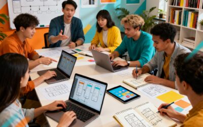 Diverse team collaborating in a modern office environment, working on mobile app designs using laptops, tablets, and sketches.