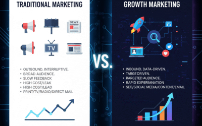 Split visual comparing Growth Marketing (digital, data-driven, iterative testing) with Traditional Marketing (print, broadcast, mass appeal), highlighting key differences in methodology.