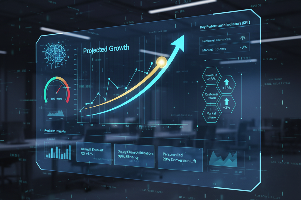 AI dashboard showing projected business growth and KPIs.