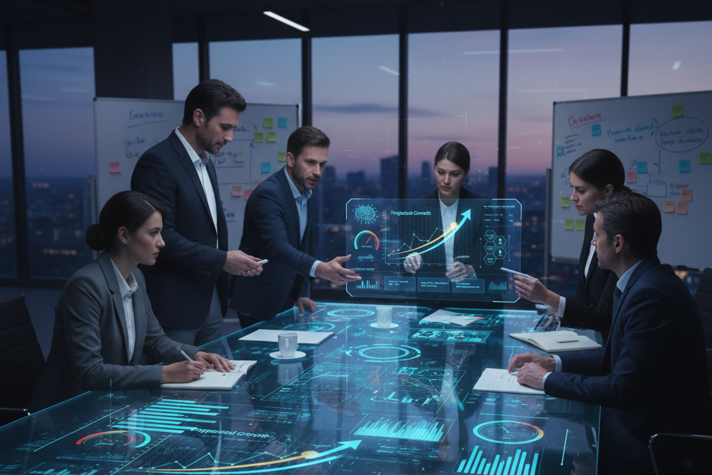 Business team analyzing holographic AI data table.