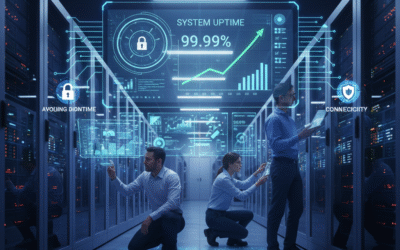 IT professional monitoring a server room with a holographic projection of system health status, data backups, and security checks, symbolizing proactive maintenance and business continuity.