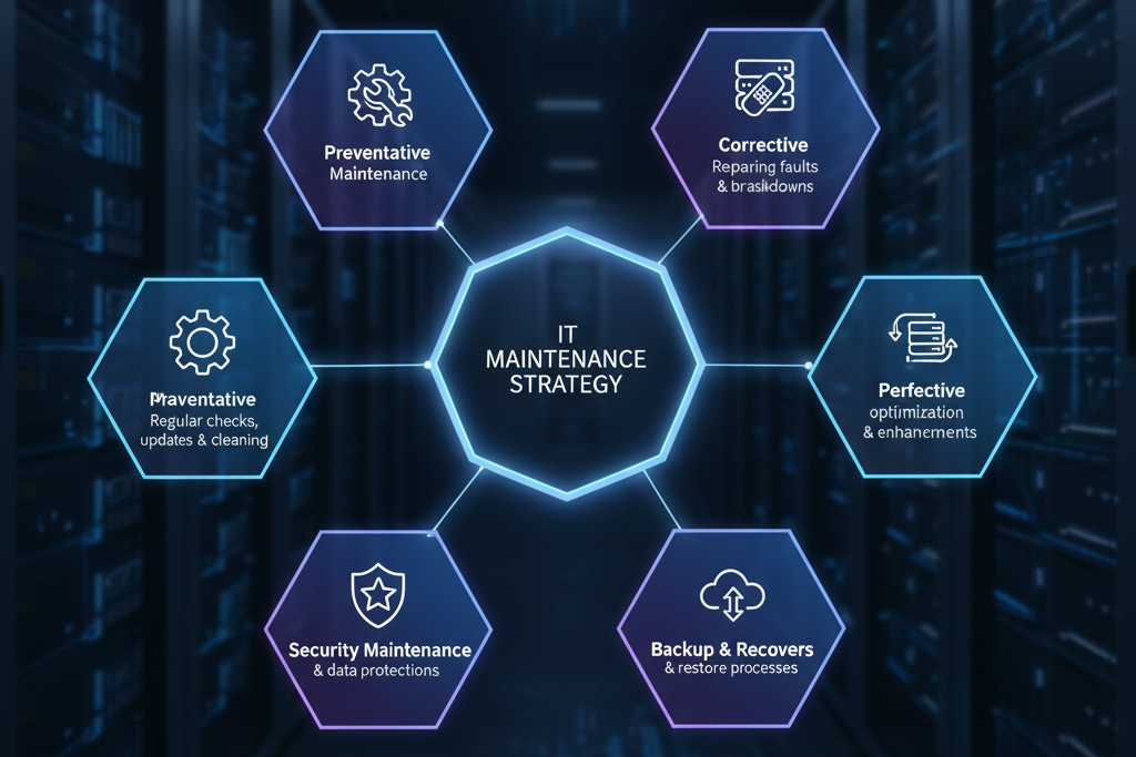 Diagram outlining Types of IT Maintenance Every Business Needs, including preventative, corrective, perfective, security, and backup & recovery, all contributing to an IT Maintenance Strategy