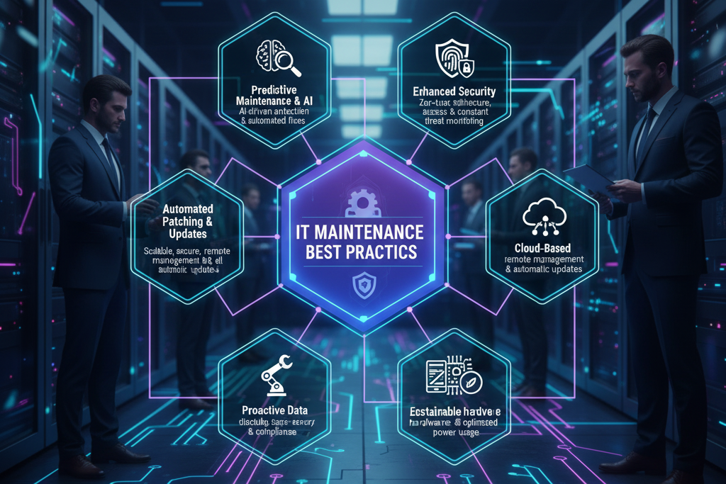 Professionals in a server room engaging with a holographic display of IT Maintenance Best Practices for Businesses in 2025