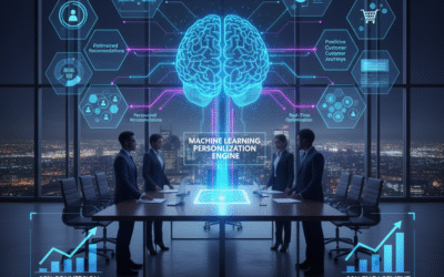 Business professionals discussing a holographic Machine Learning Personalization Engine displaying data for optimized campaigns, real-time optimization, and predictive customer journeys in marketing