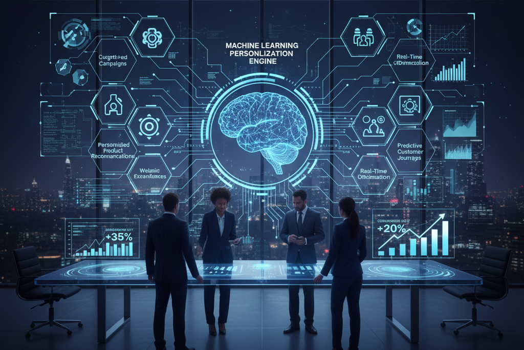 Business team in a futuristic office observing a holographic Machine Learning Personalization Engine displaying data for optimized campaigns, real-time optimization, and predictive customer journeys in marketing