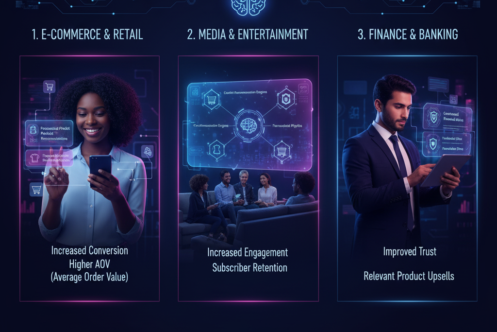 Triptych showcasing Real-World Use Cases of Personalization in Marketing with Machine Learning, including dynamic website content, personalized product recommendations in e-commerce, and optimized email campaign timing