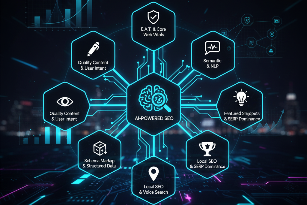 Abstract graphic illustrating SEO Best Practices in 2025, showing an upward growth arrow and symbols for high-quality content, user experience (UX), E-E-A-T, mobile optimization, and AI-driven search insights.