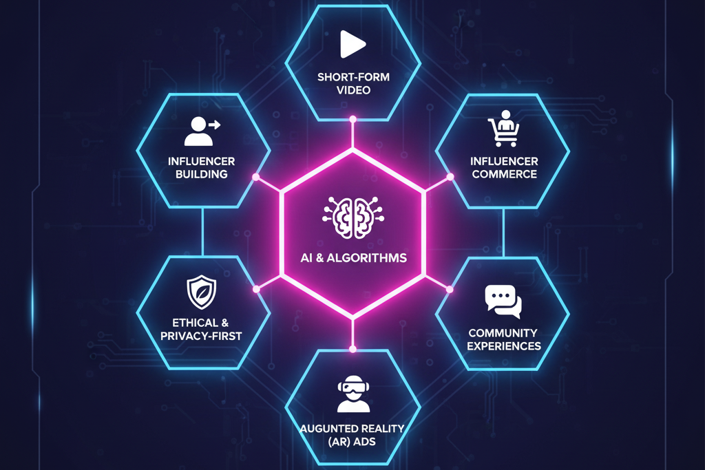 Diagram showcasing Key Social Media Marketing Trends to Watch Now, including short-form video, influencer commerce, AR ads, and ethical data, with AI & Algorithms at the center.