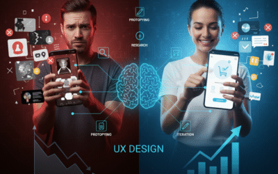 Split image contrasting poor UX (frustrated user, low conversion) with good UX (happy user, high engagement), demonstrating how UX design shapes digital campaign success