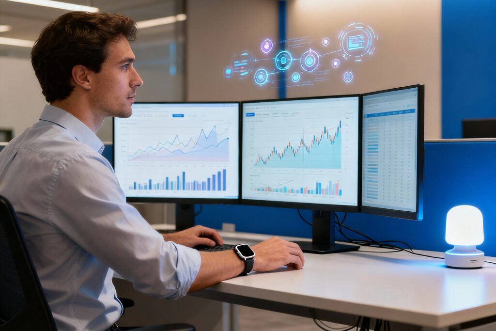 Digital growth expert analyzing multiple data charts on computer screens in a modern office environment, utilizing AI technologies to drive business growth