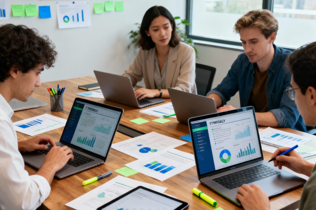 Content creators and marketers collaboratively reviewing content strategies and optimization on laptops and tablets in a modern office environment