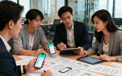 Modern business team collaborating with mobile app designers in a glass-walled office, discussing app interfaces on tablets, smartphones, and design sketches